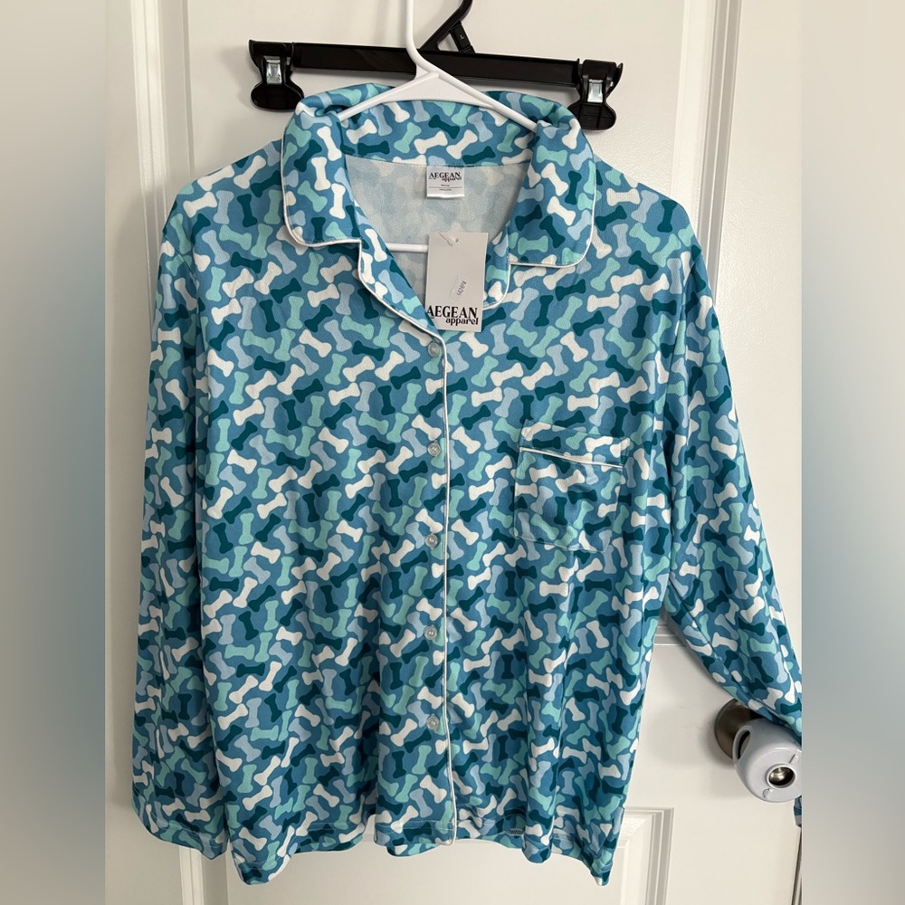 NWT- Aegean Apparel woman’s 2 piece long sleeve button down top & shorts set